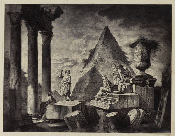 Unknown maker:[Painting of figure in front of pyramid],16x12