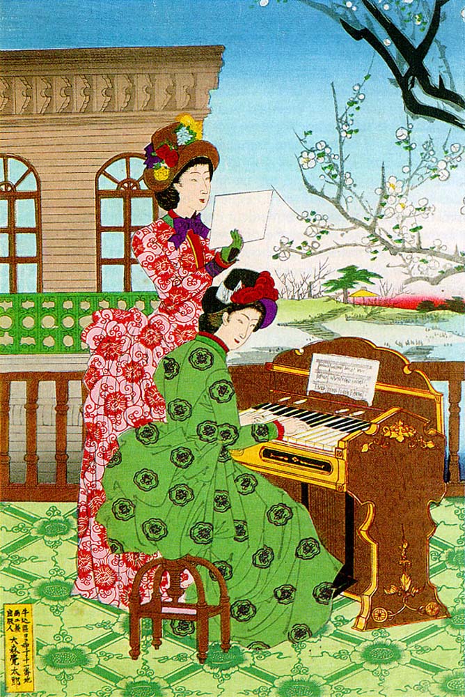 1887-Japanese-women-Western-Bustled-fashions, historic, vintage ukiyo-e Japan artwork,12x8"(A4) Poster Print