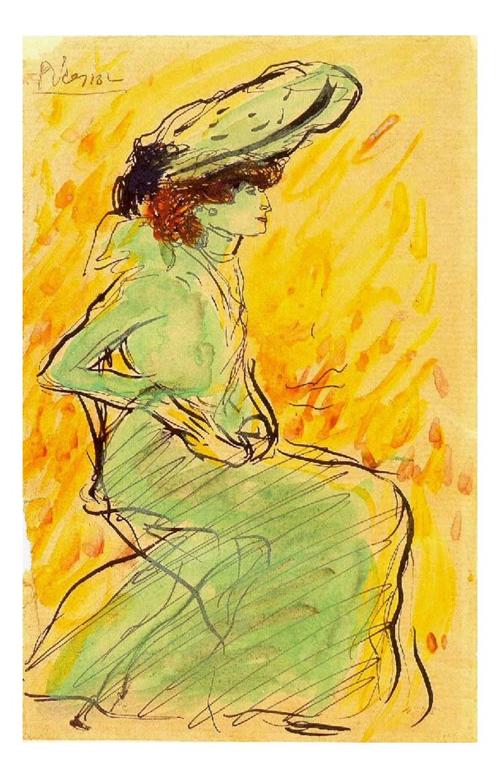 1901 Femme en robe verte assise by Pablo Picasso, vintage artwork, 16x12"(A3) Poster