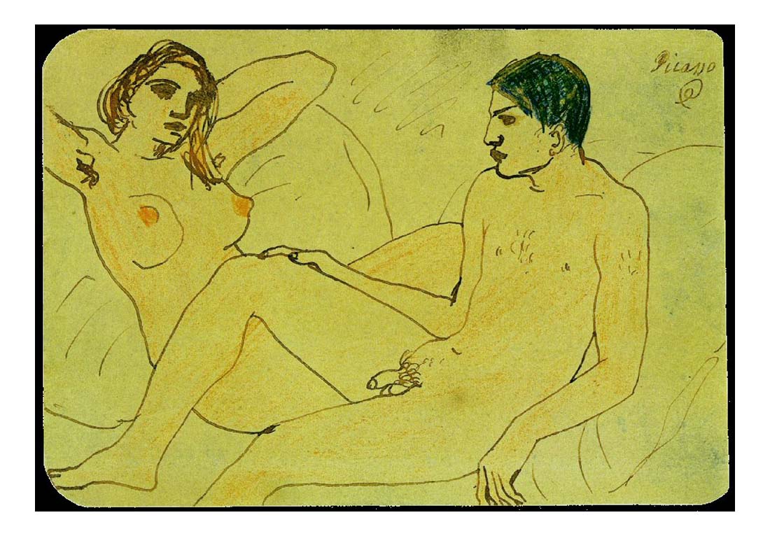 1902 Autoportrait avec nu by Pablo Picasso, vintage artwork, 16x12"(A3) Poster