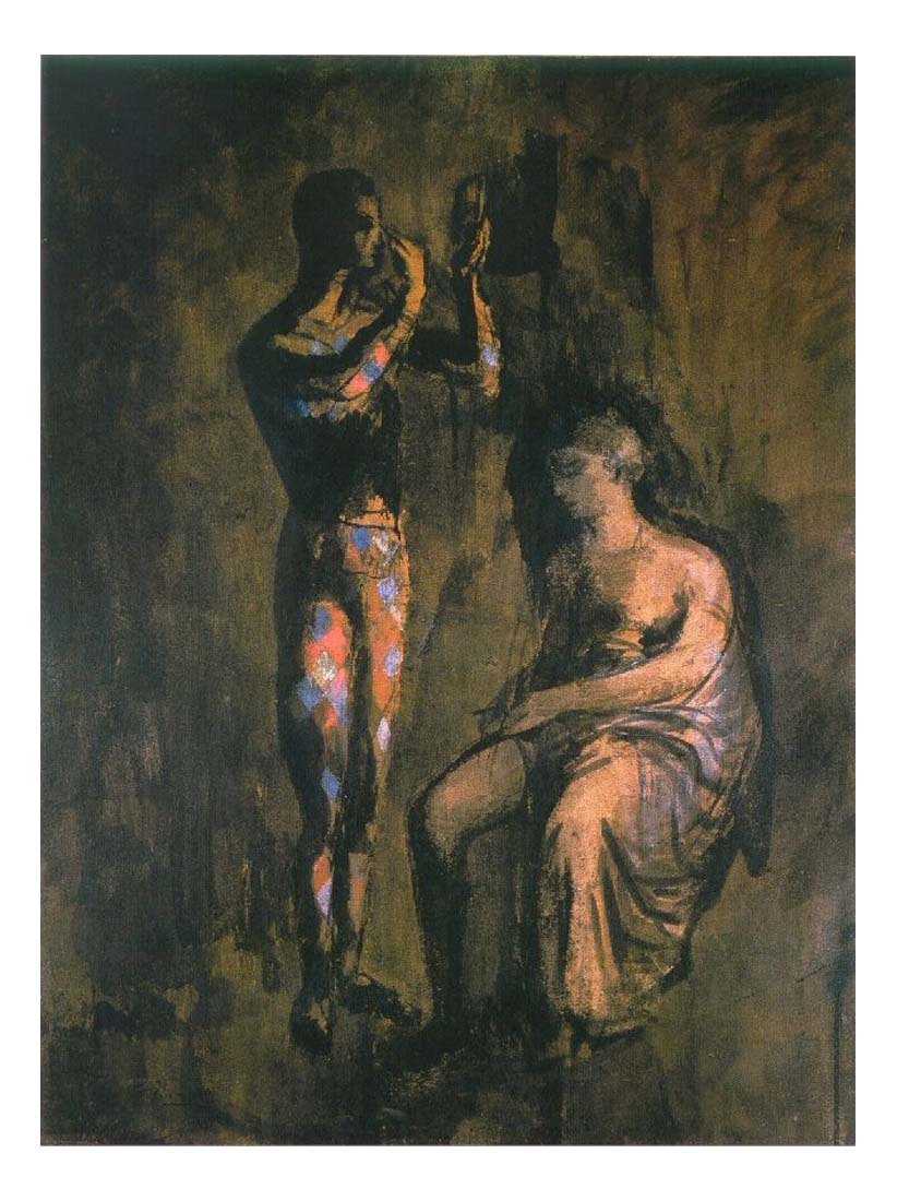 1905 Arlequin se grimant devant une femme assise by Pablo Picasso, vintage artwork, 16x12"(A3) Poster