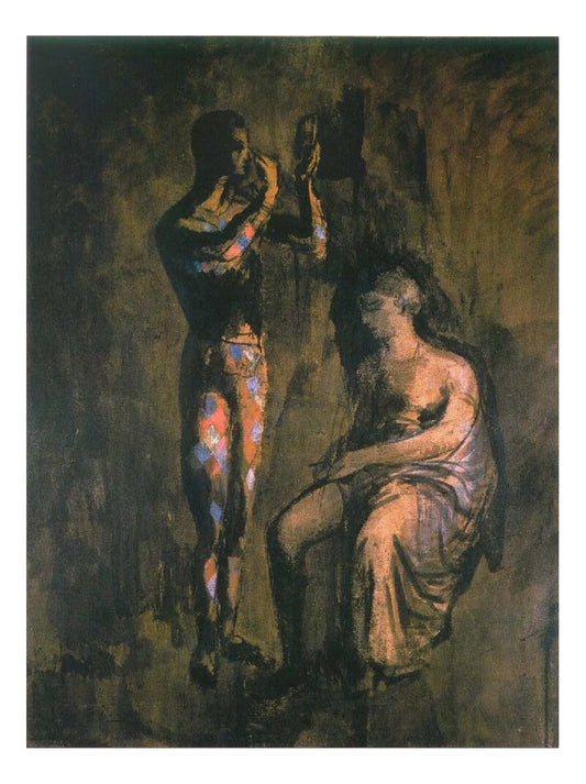 1905 Arlequin se grimant devant une femme assise by Pablo Picasso, vintage artwork, 16x12"(A3) Poster