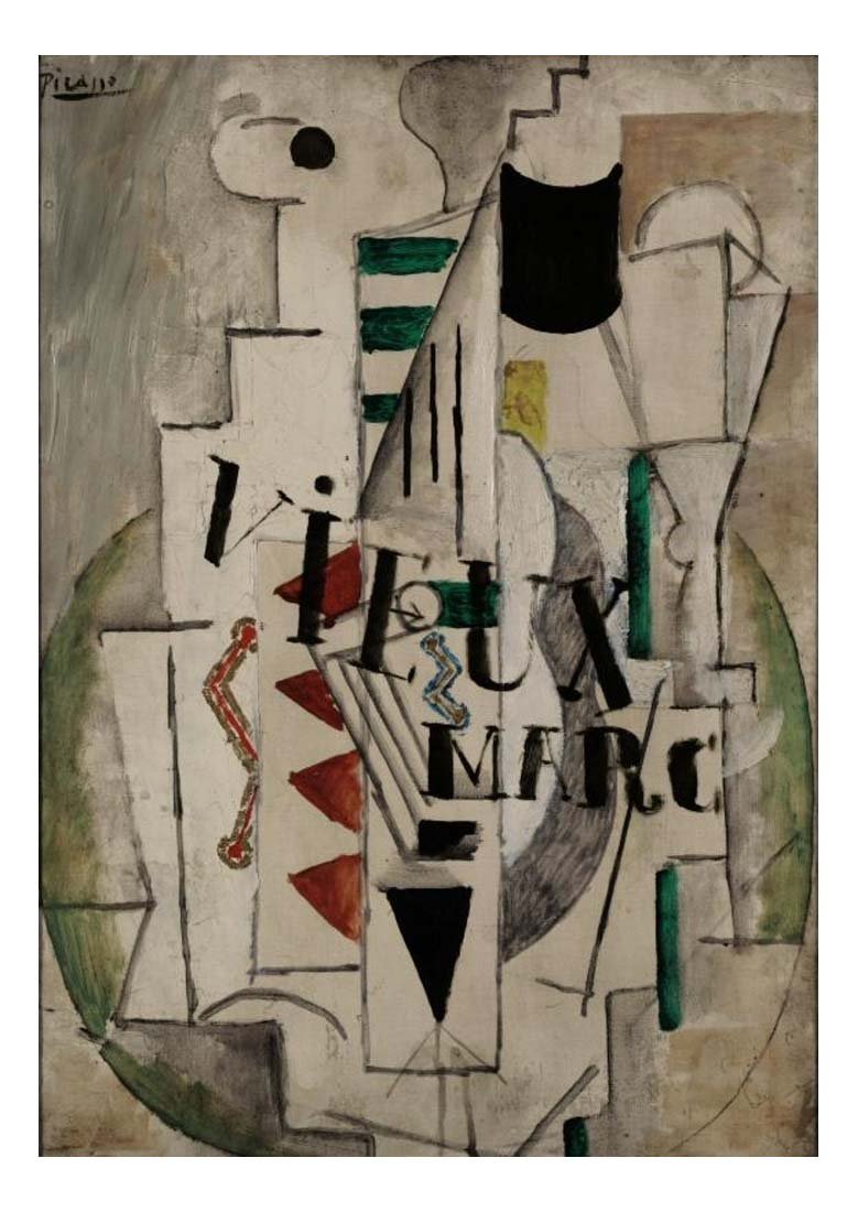 1912 Guitare, verre, bouteille de vieux marc by Pablo Picasso, vintage artwork, 16x12"(A3) Poster