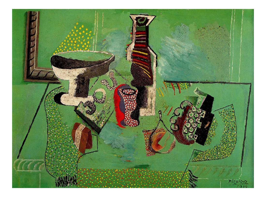 1914 Compotier, verre, bouteille, fruits (Nature morte verte) by Pablo Picasso, vintage artwork, 16x12"(A3) Poster