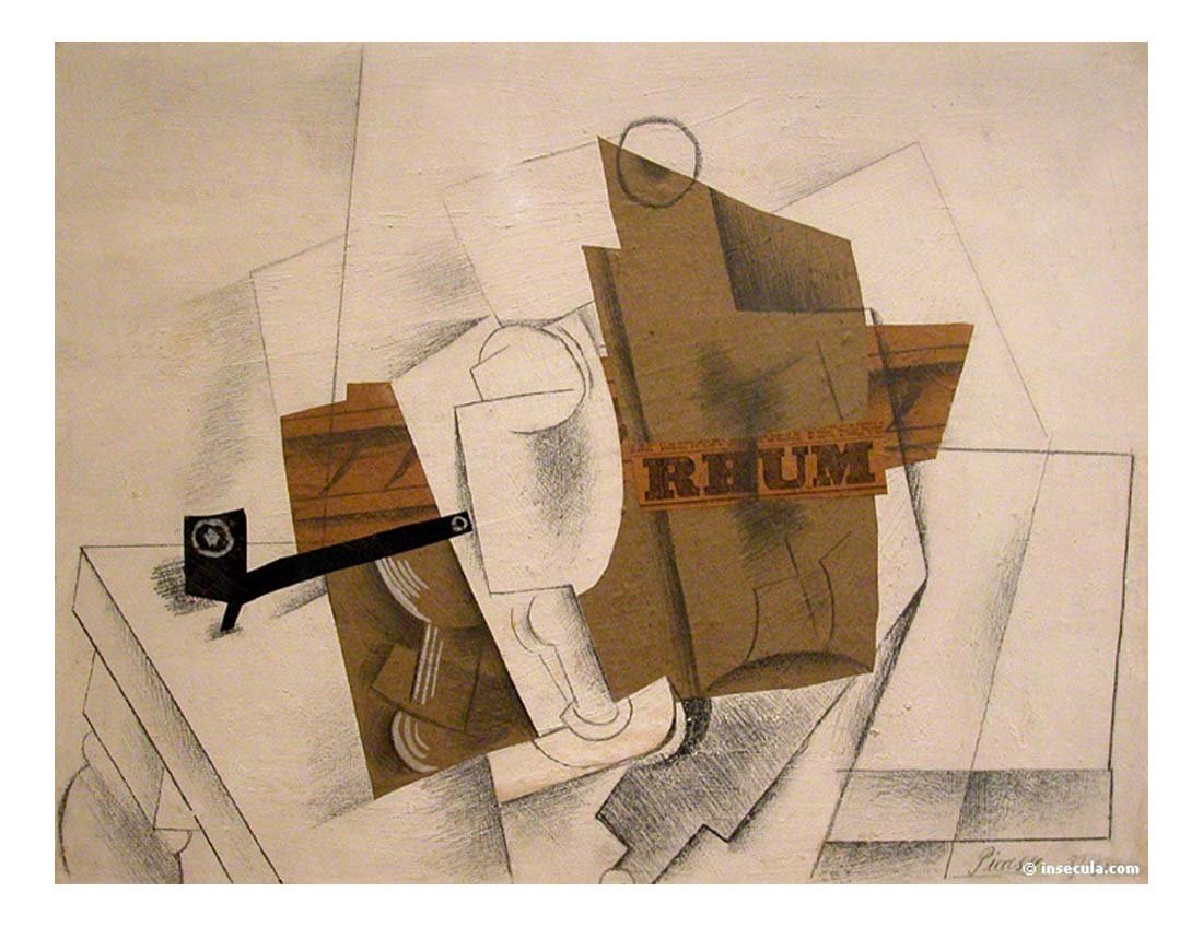 1914 Pipe, verre et bouteille de Rhum by Pablo Picasso, vintage artwork, 16x12"(A3) Poster