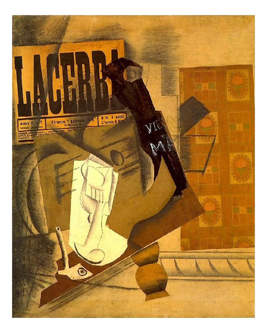 1914 Pipe, verre, journal, guitare, bouteille de vieux marc ('Lacerba') by Pablo Picasso, vintage artwork, 16x12"(A3) Poster
