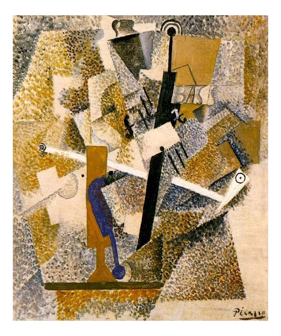 1914 Pipe, violon, bouteille de Bass by Pablo Picasso, vintage artwork, 16x12"(A3) Poster