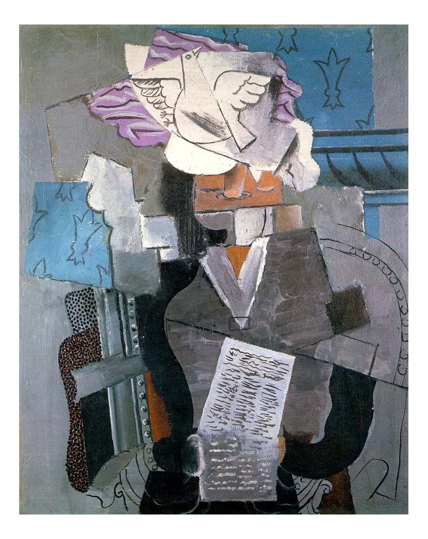 1915 Femme au chapeau de velours dans un fauteuil et colombe by Pablo Picasso, vintage artwork, 16x12"(A3) Poster