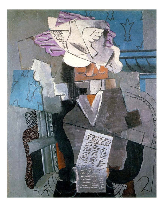 1915 Femme au chapeau de velours dans un fauteuil et colombe by Pablo Picasso, vintage artwork, 16x12"(A3) Poster