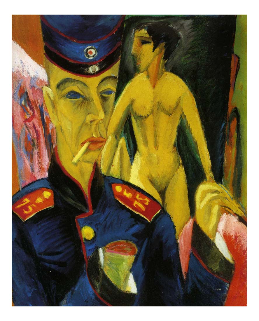 1915 Ernst Ludwig Kirchner - Self-portait, Soldier and whore-Vintage Artwork, 16x12"(A3) Poster Print