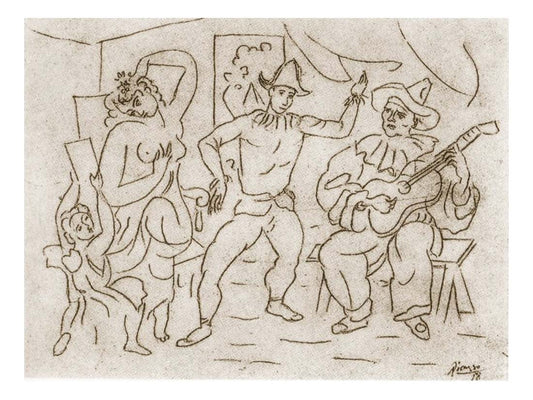 1918 Amour, nu, Arlequin et Pierrot jouant de la guitare by Pablo Picasso, vintage artwork, 16x12"(A3) Poster