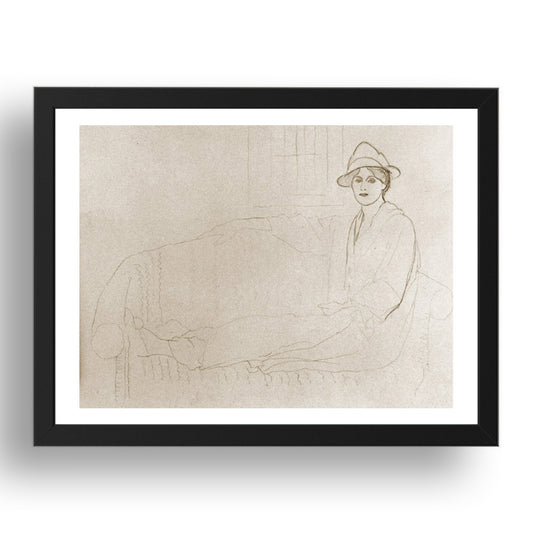 1918 Olga Picasso allongee sur un sofa (1918 Olga Picasso lying on a sofa), vintage artwork by Pablo Picasso, A3 Size Reproduction Poster Print in 17x13" Black Frame