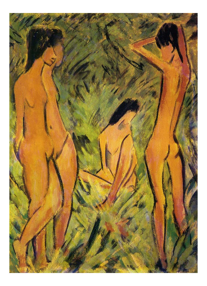 1918 1919 Otto Mueller - Boys in front of two girls standing and a girl sitting-Vintage Artwork, 16x12"(A3) Poster Print