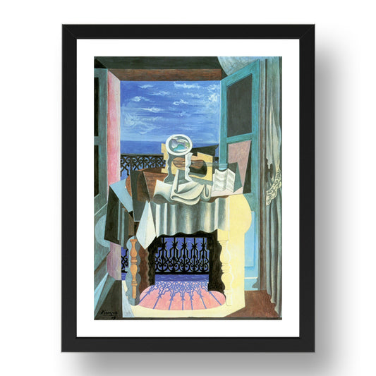 1919 Nature morte devant une fenetre e Saint RaphaeBl (1919 Still life in front of a window in Saint RaphaeBl), vintage artwork by Pablo Picasso, A3 Size Reproduction Poster Print in 17x13" Black Frame