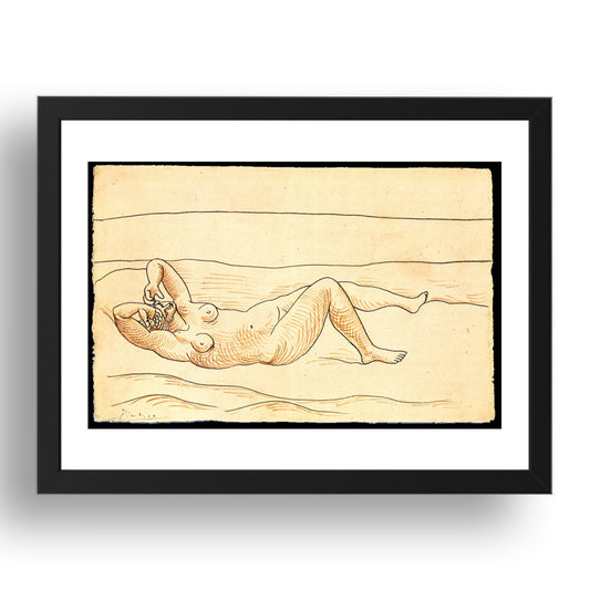 1920 Femme couchee au bord de mer (1920 Woman lying by the sea), vintage artwork by Pablo Picasso, A3 Size Reproduction Poster Print in 17x13" Black Frame