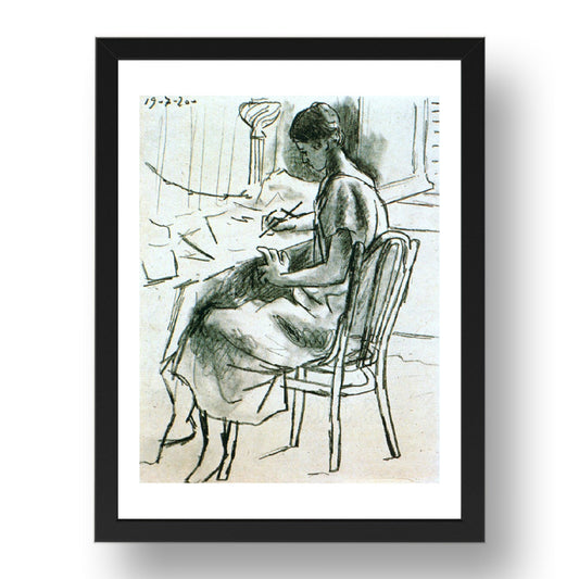 1920 Olga ecrivant (1920 Olga writing), vintage artwork by Pablo Picasso, A3 Size Reproduction Poster Print in 17x13" Black Frame