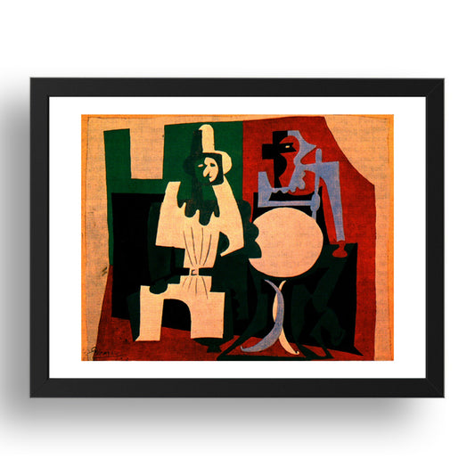 1920 Pierrot et arlequin e une terrasse de cafe (1920 Pierrot and arlequin on a cafe terrace), vintage artwork by Pablo Picasso, A3 Size Reproduction Poster Print in 17x13" Black Frame