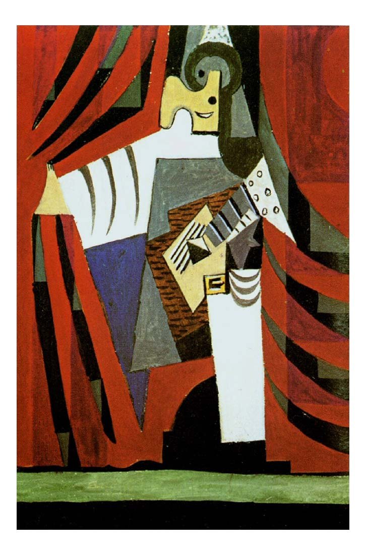 1920 Pulcinella avec une guitare devant un rideau (Massine salutant) by Pablo Picasso, vintage artwork, 16x12"(A3) Poster