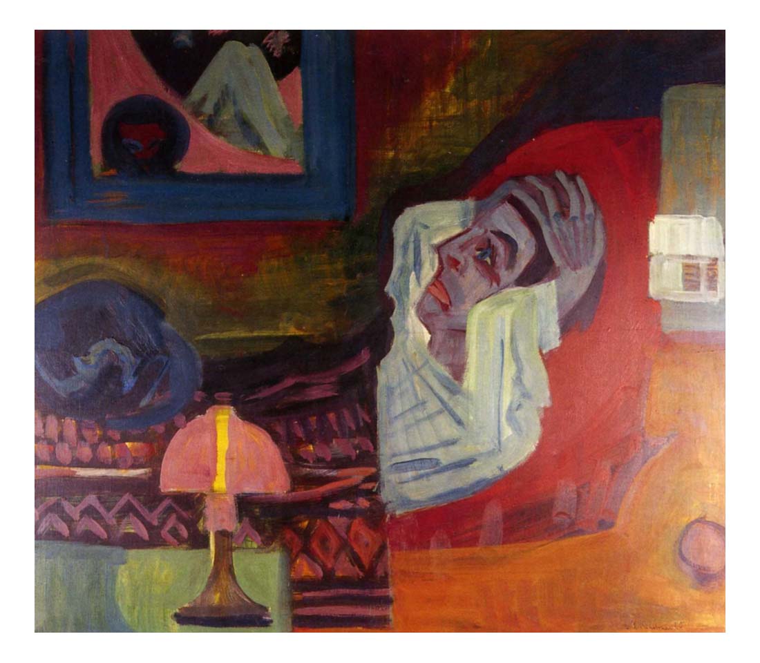 1920 Ernst Ludwig Kirchner - Sick in the night-Vintage Artwork, 16x12"(A3) Poster Print