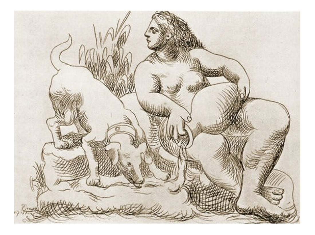 1921 Femme au chien by Pablo Picasso, vintage artwork, 16x12"(A3) Poster