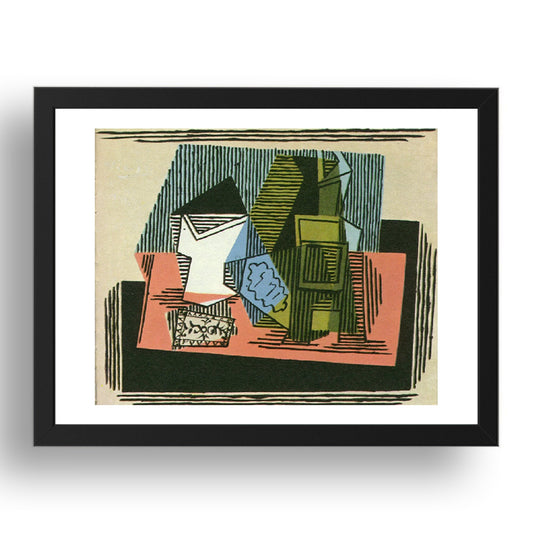 1922 Verre bouteille et paquet de tabac (1922 Glass bottle and packet of tobacco), vintage artwork by Pablo Picasso, A3 Size Reproduction Poster Print in 17x13" Black Frame