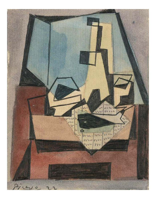 1922 Verre, bouteille, poisson sur un journal by Pablo Picasso, vintage artwork, 16x12"(A3) Poster