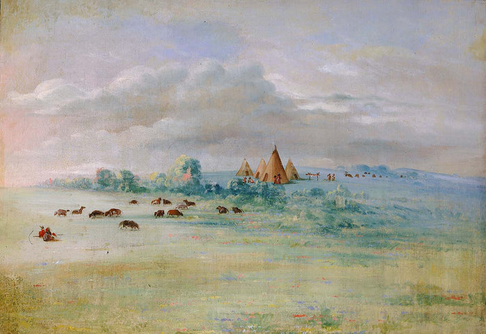 George Catlin:Sioux Village, Lake Calhoun, near Fort Snellin,16x12