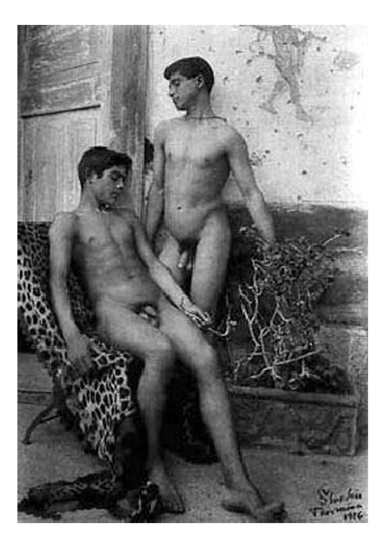 2 male nudes on leopard skin, historic photo by Wilhelm von Gloeden, 12x8" (A4) Poster