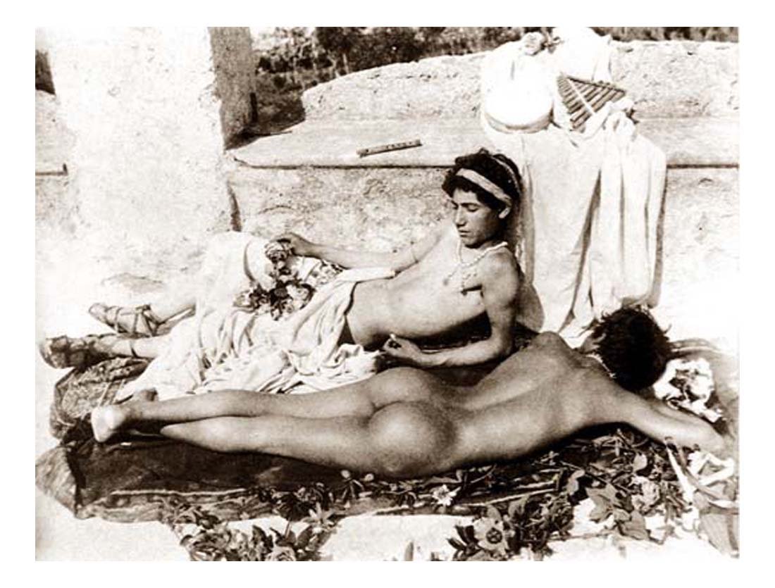 2 prone male nudes Italy, historic photo by Wilhelm von Gloeden, 12x8" (A4) Poster