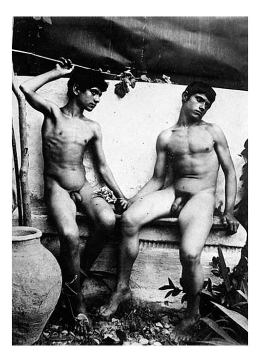 2 sitting male nudes outside, Italy, historic photo by Wilhelm von Gloeden, 12x8" (A4) Poster