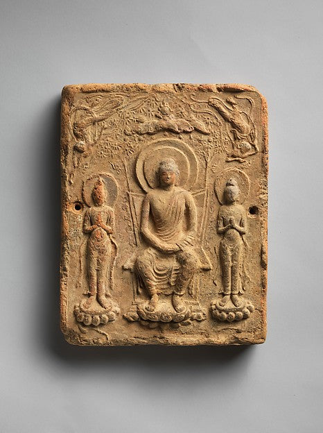 ,Clay Relief Tile with Buddhist Triad second half of the,16x12"(A3) Poster