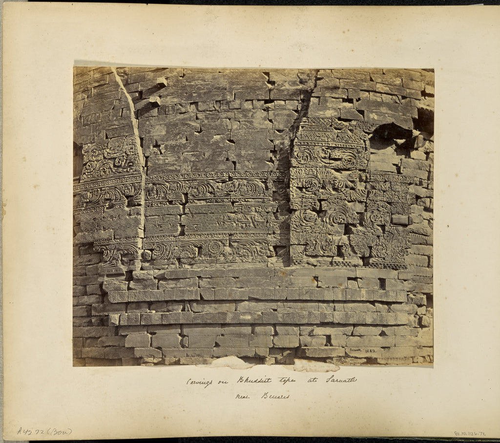 Samuel Bourne:Benares; Floral carving on ancient Buddhist to, Poster Print Wall Art