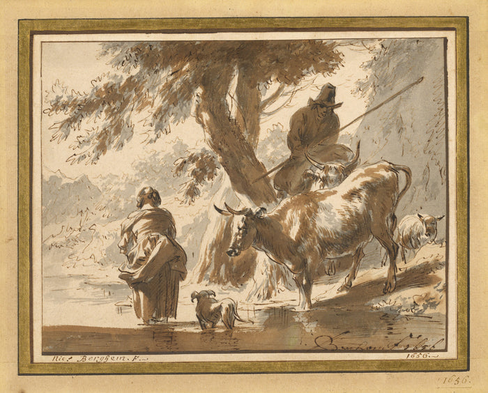 Nicolaes Berchem:Cows Crossing a Ford with a Couple and a Do,16x12