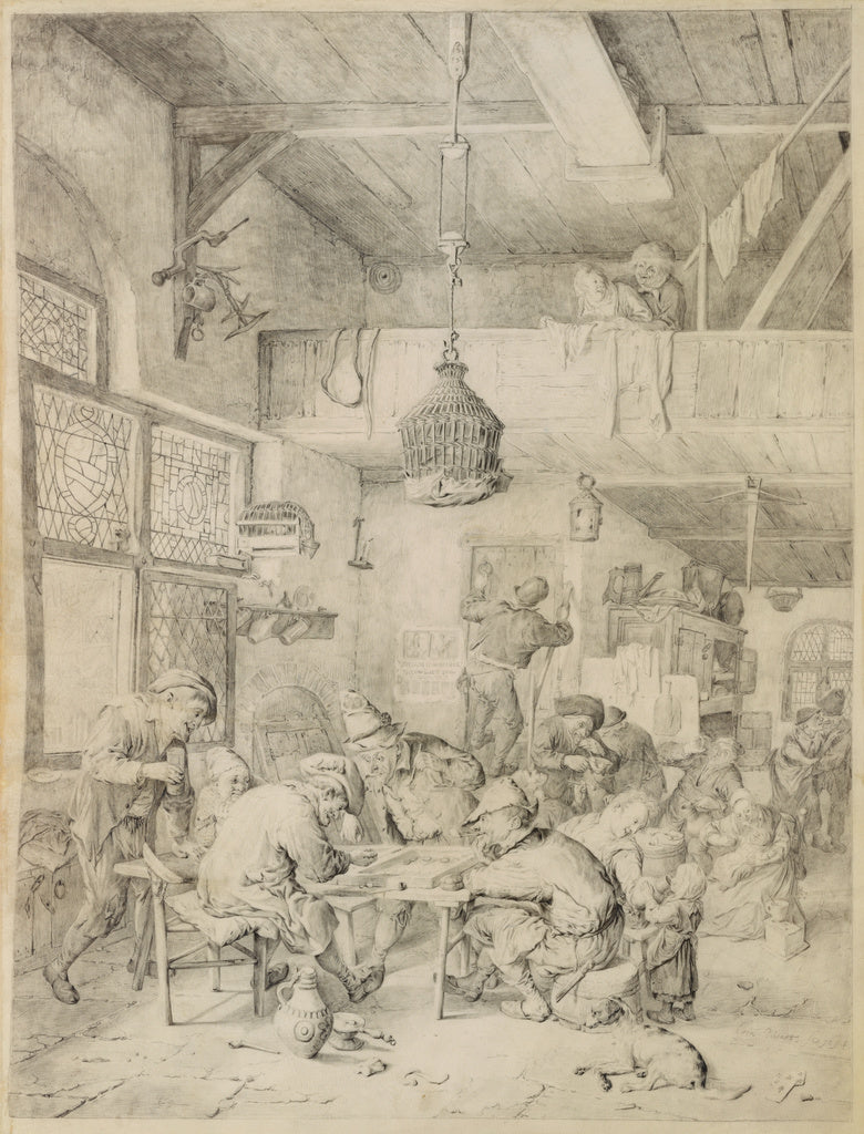 Cornelis Dusart:Peasants Playing Backgammon and Merry-making, Poster Print Wall Art