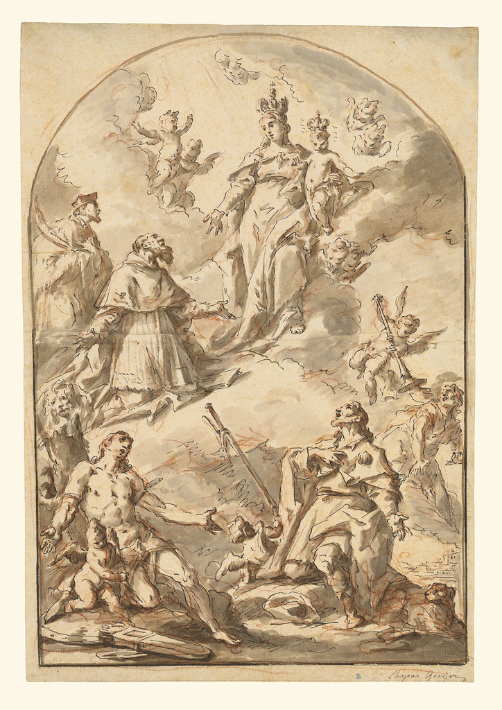 Gaspare Diziani:The Crowned Madonna and Child in Glory, with, Poster Print Wall Art
