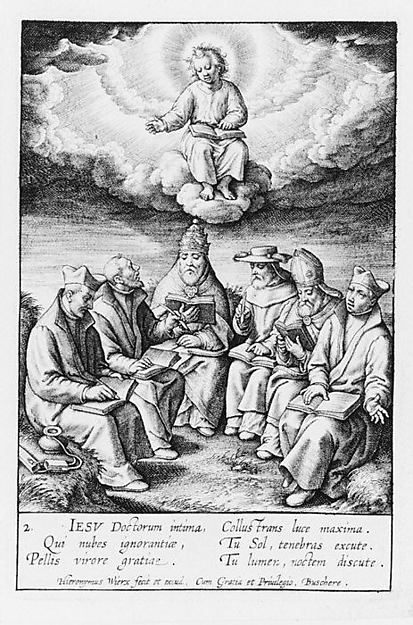 The child Jesus above a group of ecclesiastics n.d.-Hieronymus,  Poster Print Wall Art