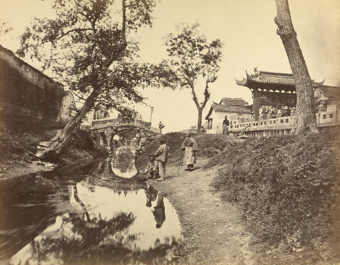 Felice Beato:[Chinese view of a river and a bridge in a vill,16x12