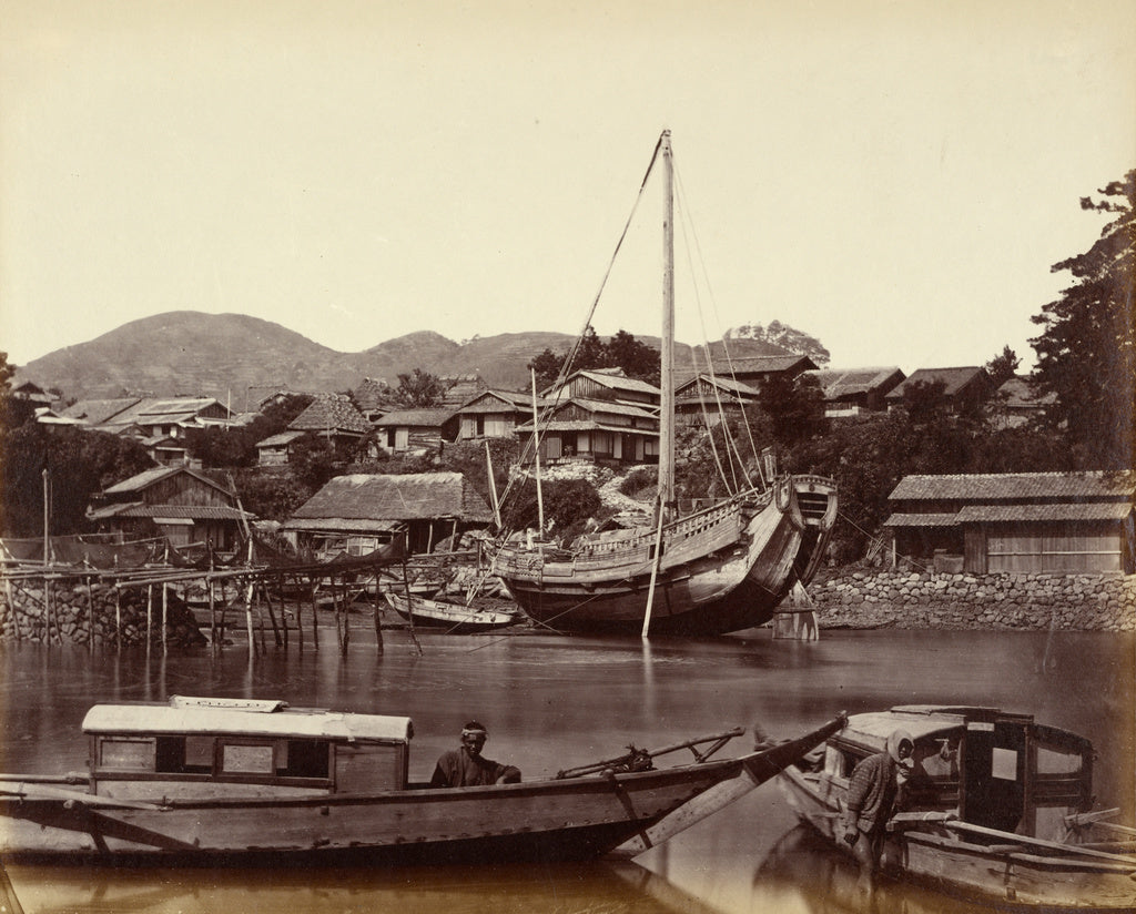 Felice Beato:Group of Japanese Junks and Boats in the Creek, Poster Print Wall Art