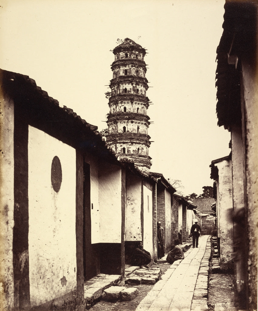 Felice Beato:Nine-storied Pagoda and Tartar Street, Canton, Poster Print Wall Art