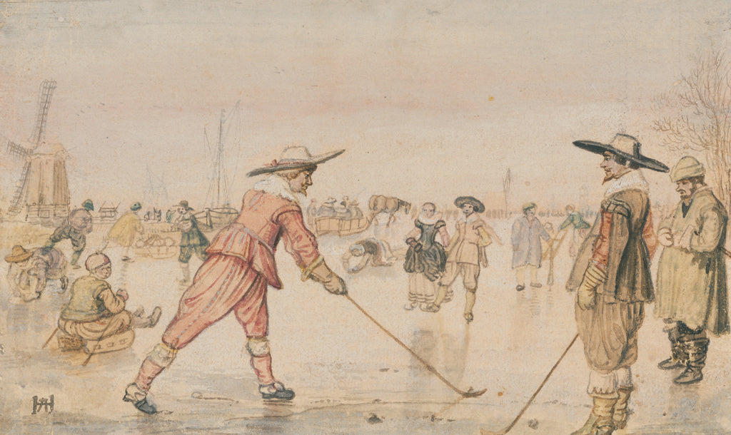 Hendrick Avercamp:A Winter Scene with Two Gentlemen Playing , Poster Print Wall Art