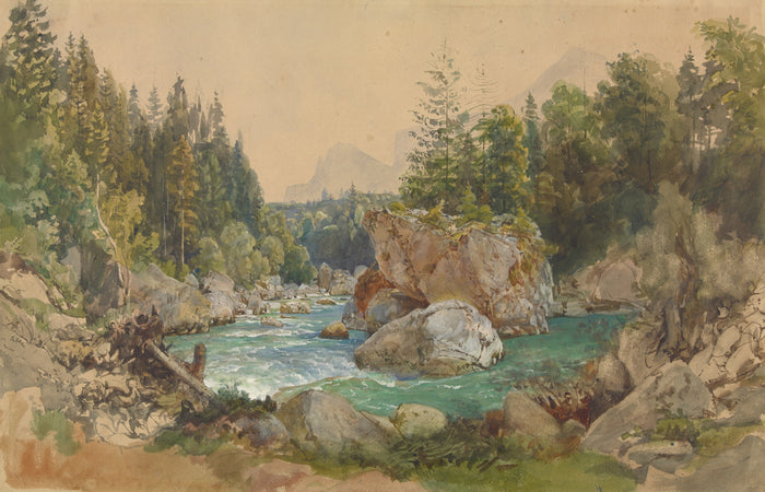 Thomas Ender:Wooded River Landscape in the Alps,16x12