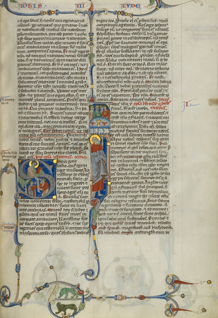 Unknown Artist:Initial S: Saint John Handing a Scroll to Two Men; I, Poster Print Wall Art