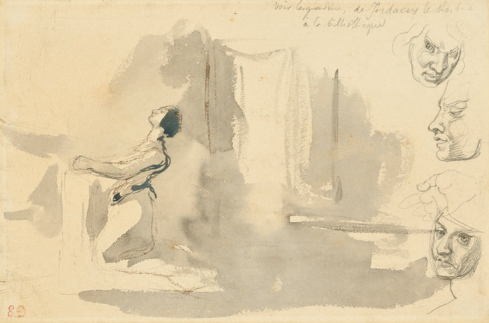 Eugène Delacroix:Marguerite in the church with studies of t,16x12