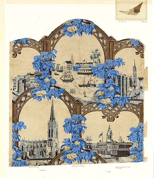 Wallpaper Decorated with New York City Landmarks c1840–50-Anon,  Poster Print Wall Art