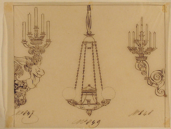 Designs for Two Sconces and a Chandelier 19th cent-Anonymous,, Poster Print
