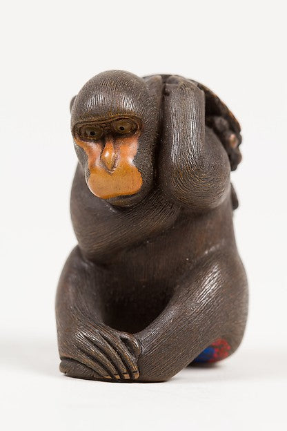 Netsuke of Seated Monkey Carrying a Bunch of Grapes and Leaves,  Poster Print
