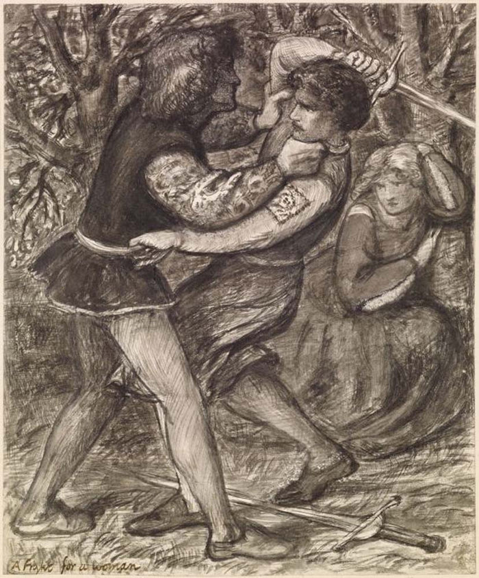 A Fight for a Woman - Compositional , 1853 by Dante Gabriel Rossetti, English Pre-Raphaelite Painter,16x12