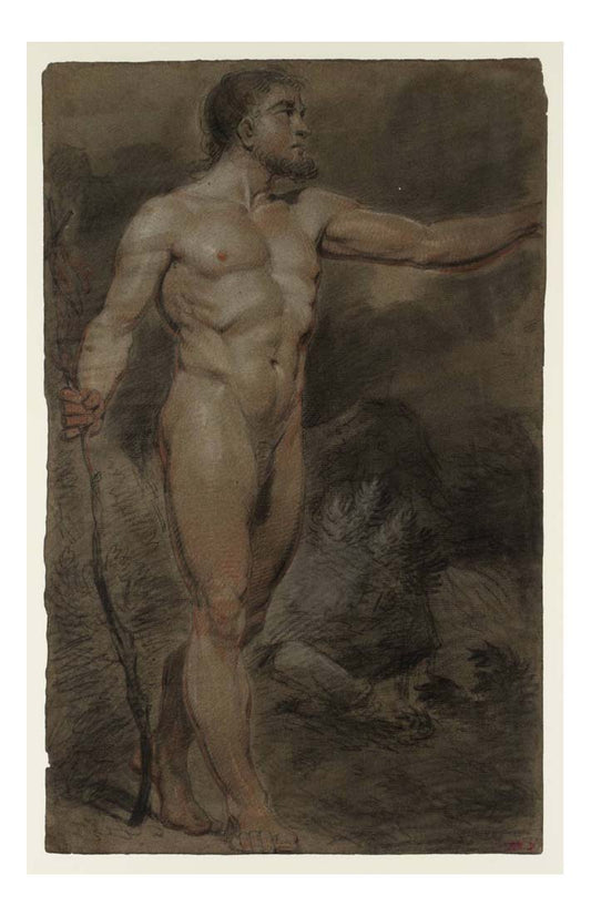 A Standing Male Nude, holding a Staff and with Left Arm outstretched, in a Landscape Setting, 1794-95 by John Mallord William Turner RA, 12x8"(A4) Poster