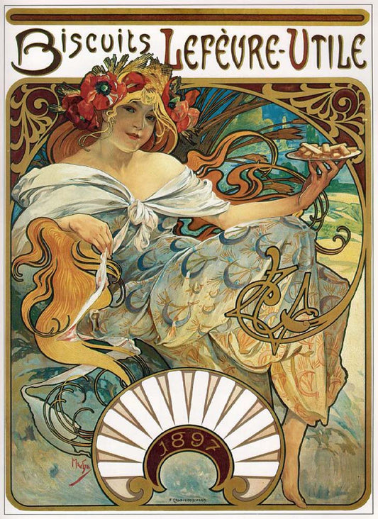 Affiche Biscuits Lefèvre-Utile Mucha vintage artwork by Alphonse Mucha, 16x12" (A3 size) poster print