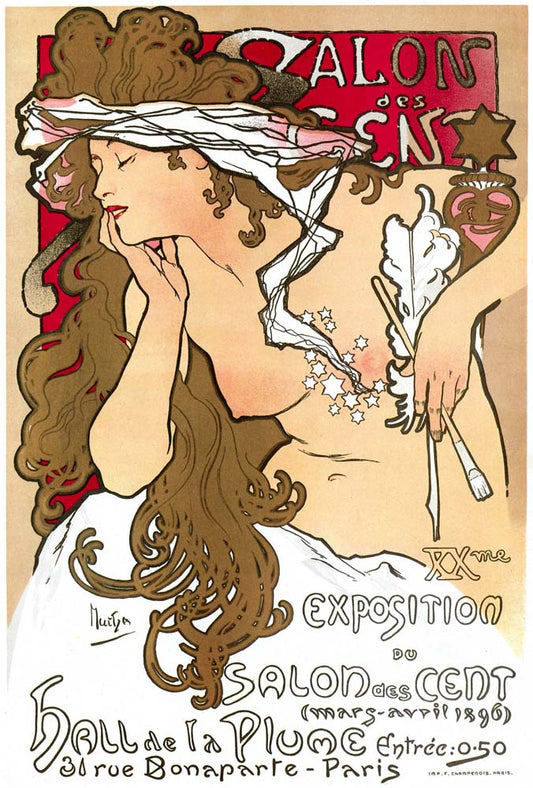 Affiche Salon des Cents 1901 vintage artwork by Alphonse Mucha, 12x8" (A4 size) poster print